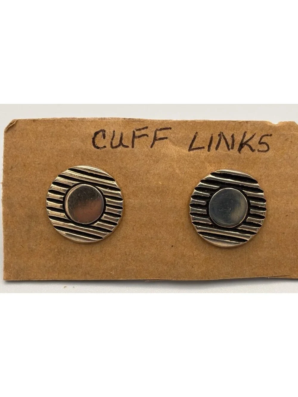 Vintage Silver-Tone Brass Round Cufflinks With Striped Design